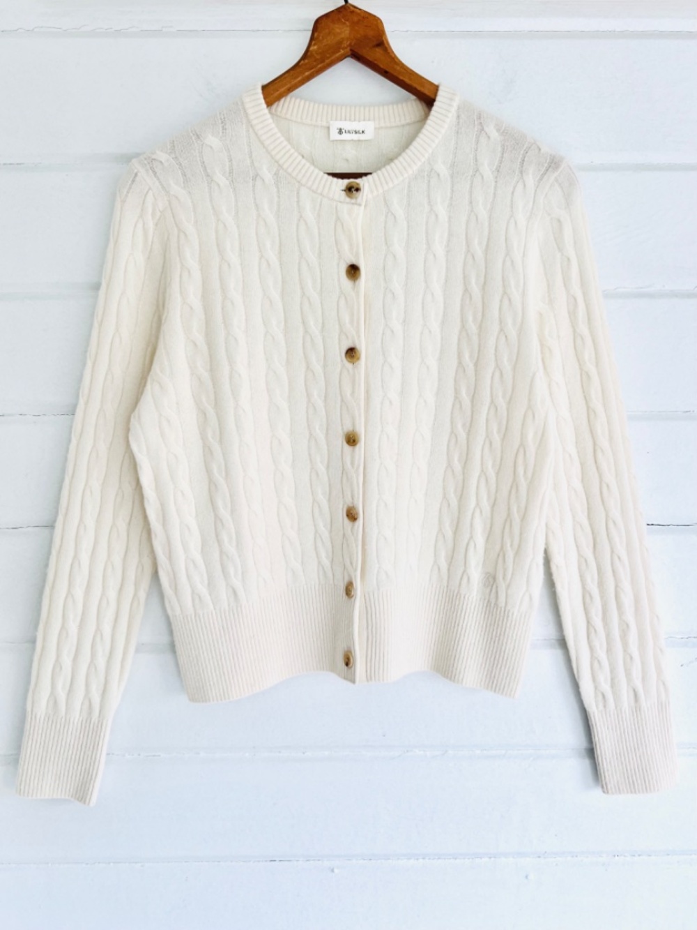 LILYSILK 100% Baby Cashmere Cable Knit Button Cardigan in Ivory - S - Picture 3 of 13